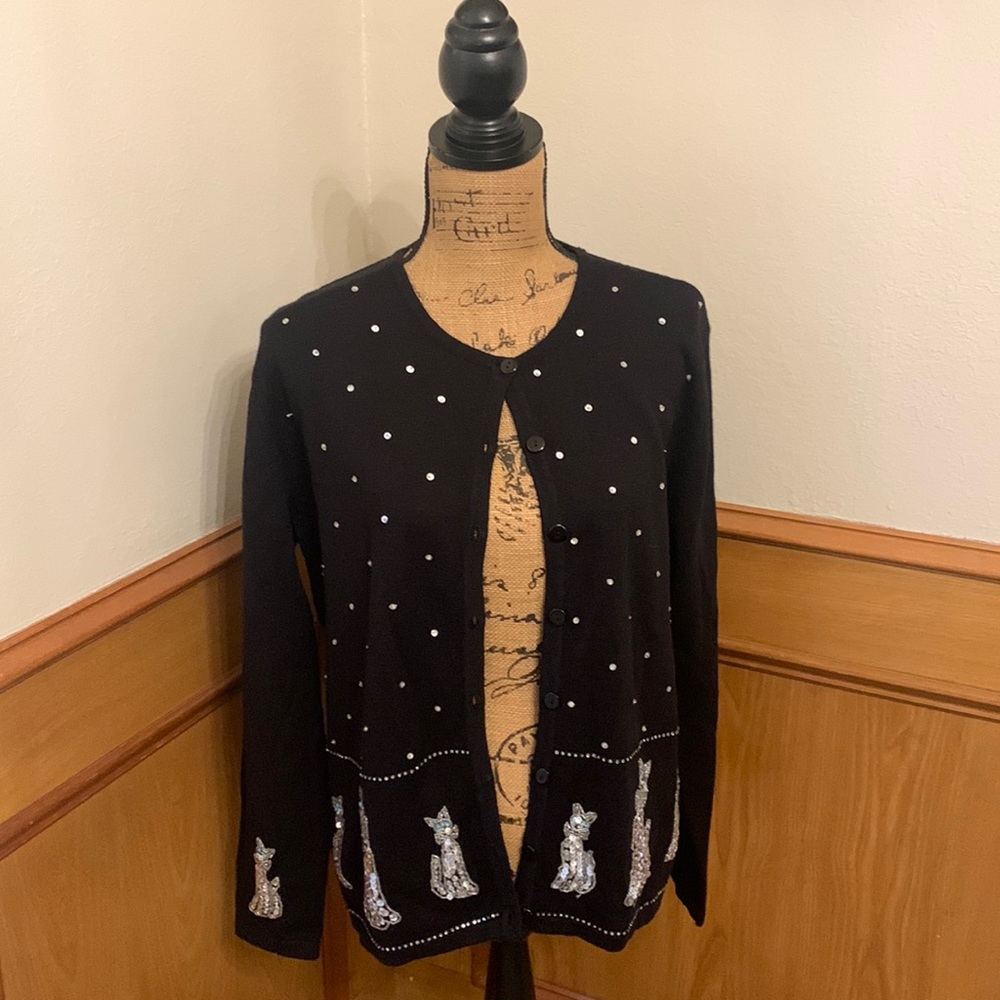 NWT $75 Terazzo Black Cardigan Sequin Beaded Rhinestone Cats Sweater Size M